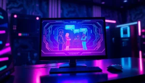 Futuristic AI chat interface on a sleek computer screen with neon lighting in a high-tech room.