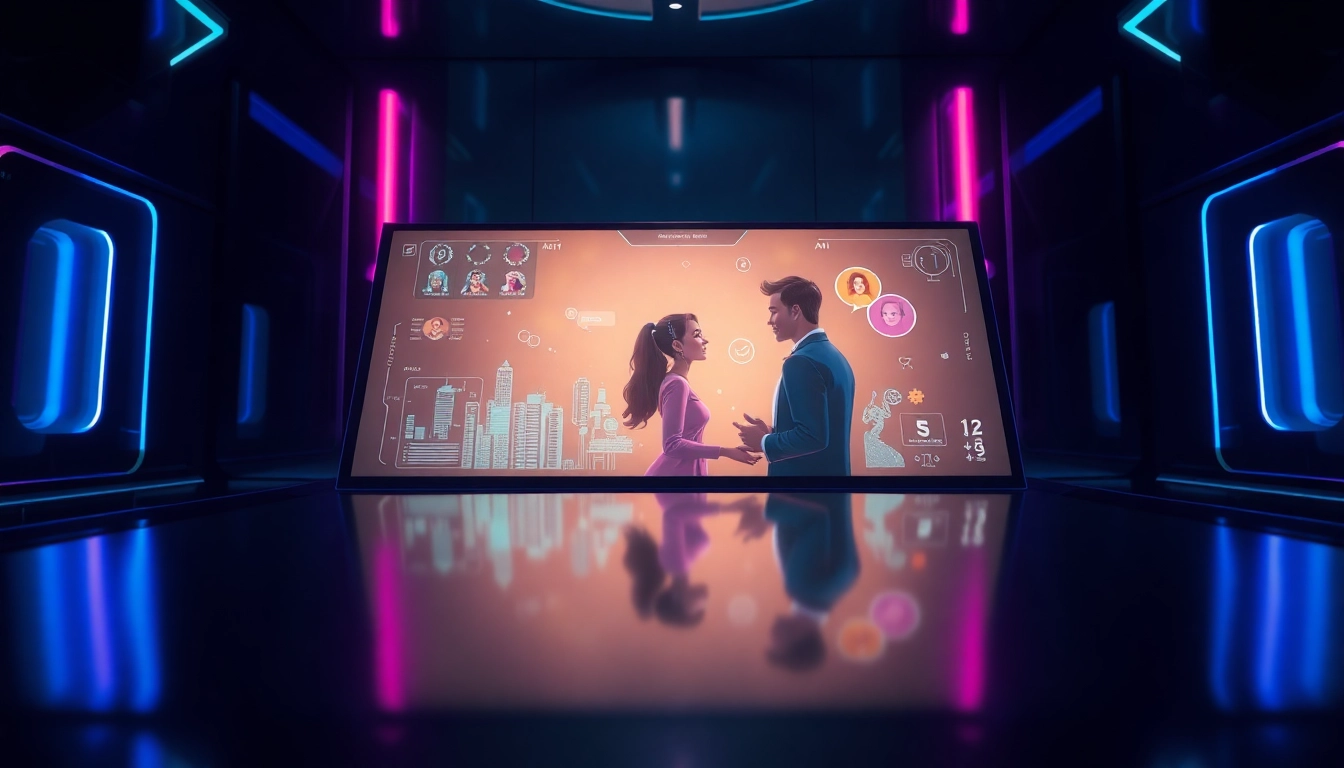 Futuristic AI interface with animated characters in an intimate digital setting with neon lighting.