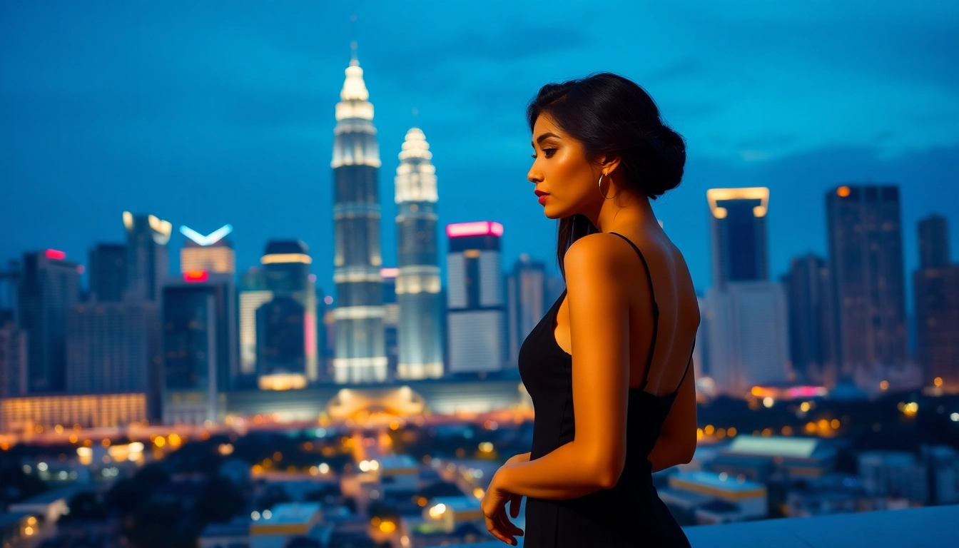 Elegant KL ESCORT in glamorous attire, sophisticated cityscape background, emphasizing luxury and discretion, perfect for website visuals.