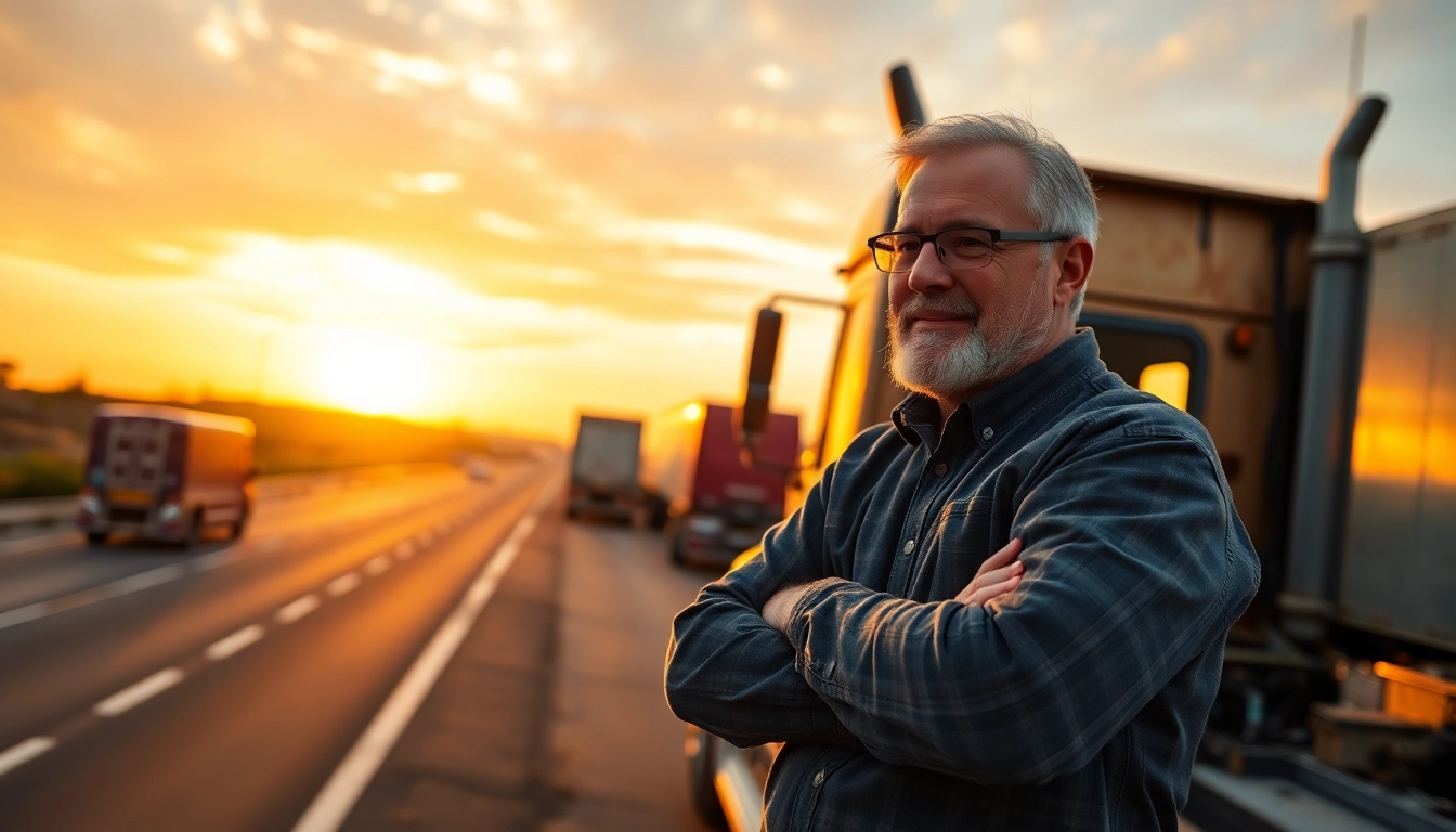 Truckers voice highlighted as a trucker confidently reviews a roadside stop with highway scenery, emphasizing honest feedback for drivers.