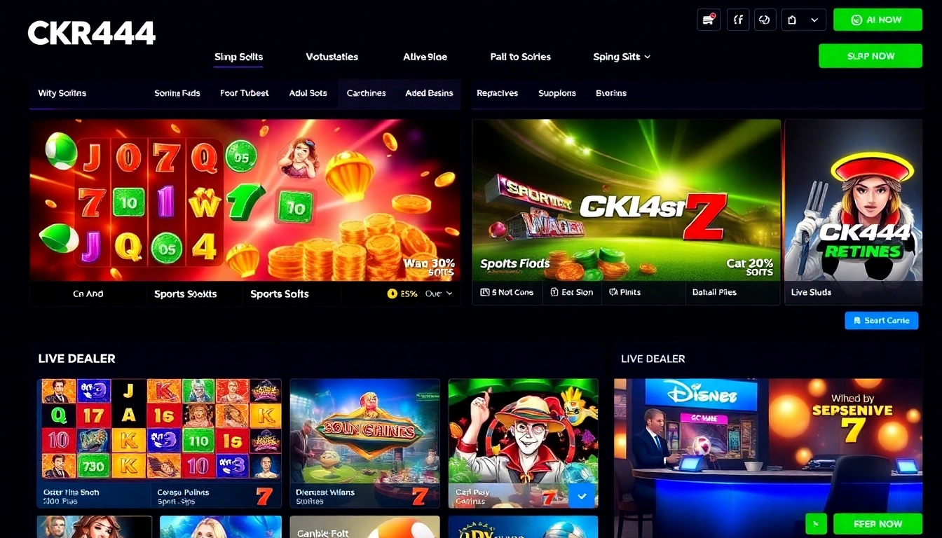 CK444 online gaming interface showcasing live dealer, slot machines, and sports betting features for engaging user experience