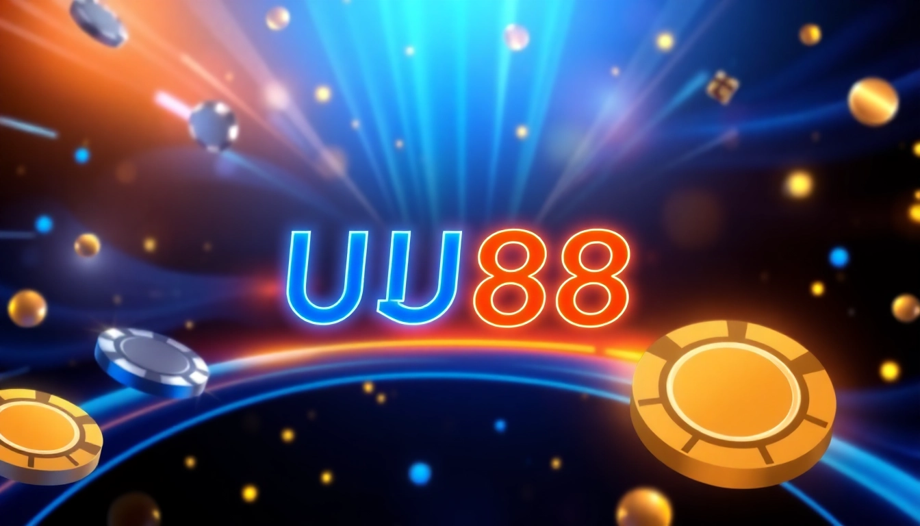 Engaging image of the UU88 logo with casino elements and vibrant neon lights to attract online gaming enthusiasts browsing the site.