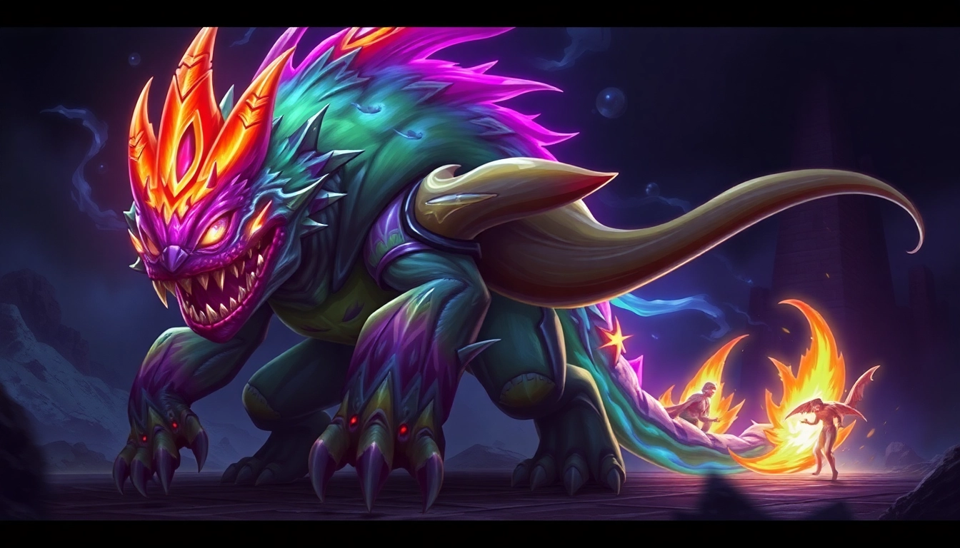 Primarily showcasing the 789f.monster with detailed features and a commanding pose, emphasizing its power in a high-contrast, fantasy setting for visual accessibility.