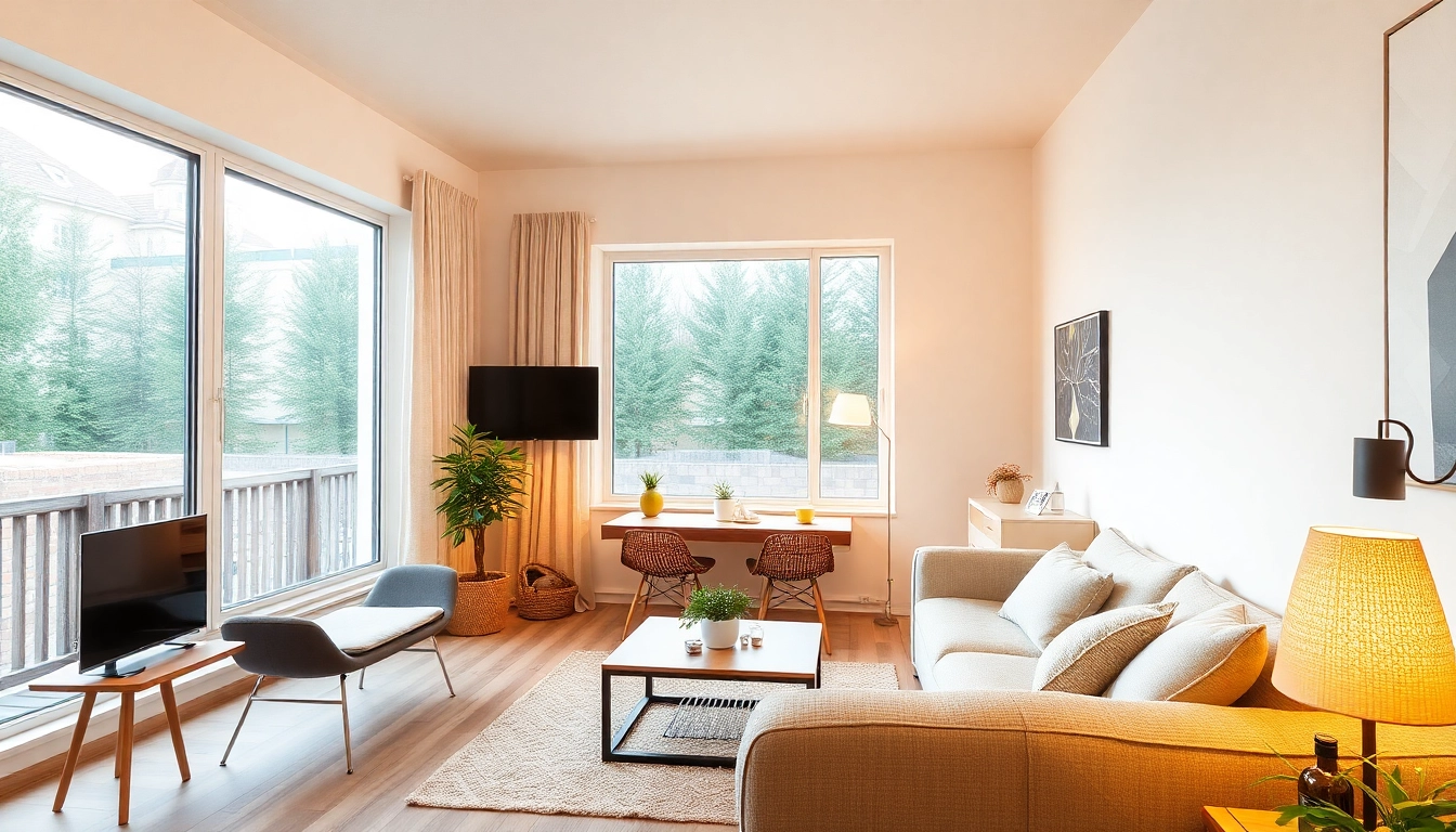 A bright, welcoming Ferienwohnung interior showcasing stylish furniture and scenic view for a memorable holiday experience.