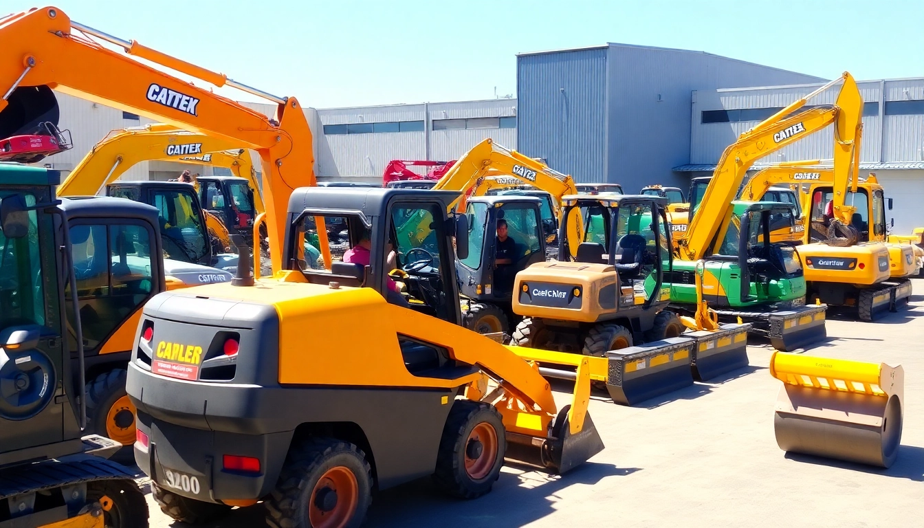 Construction equipment rental: modern machinery ready for quick pickup at a busy site, emphasizing reliability and efficiency for construction projects.