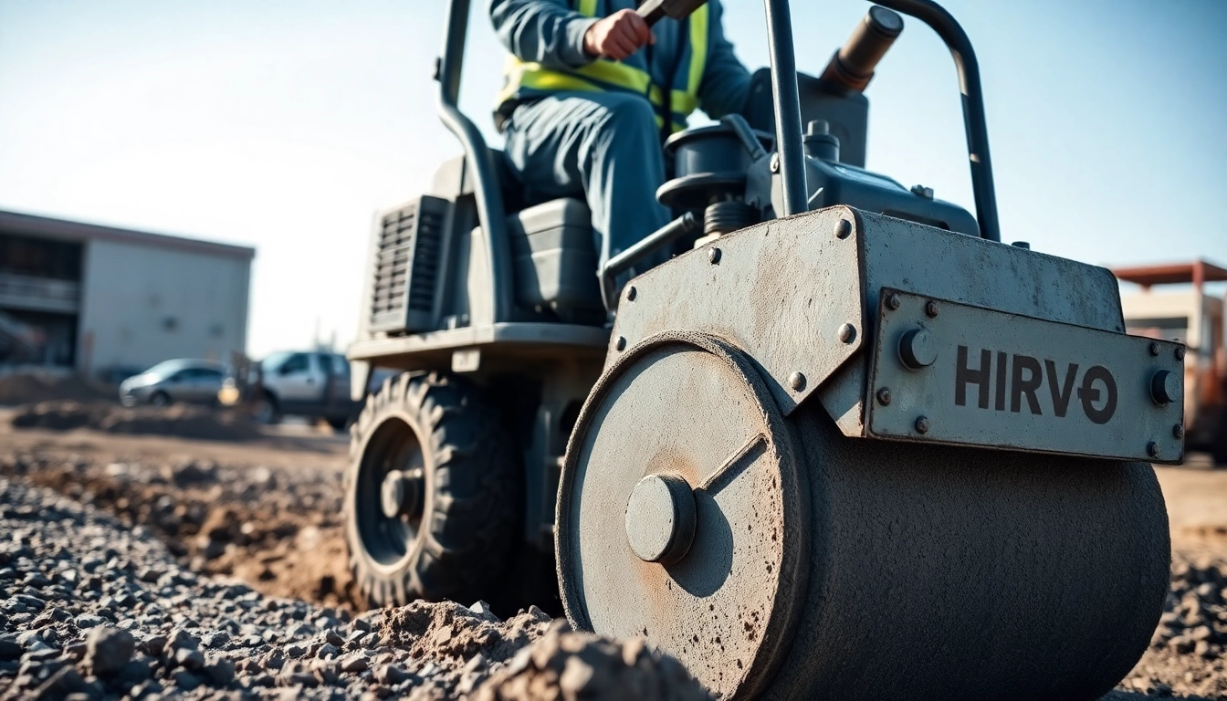Efficient compactors rental of vibrating plate compactors in use for soil and asphalt at a construction site.