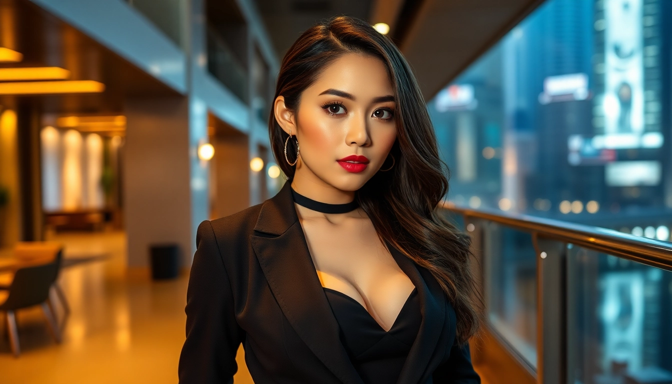 KL escort girl offering discreet companionship, stylish attire, confident smile, and city lights in the background.