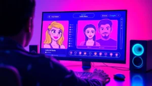 Futuristic AI chat interface with animated characters engaging in adult roleplay, vibrant neon colors and immersive digital environment.