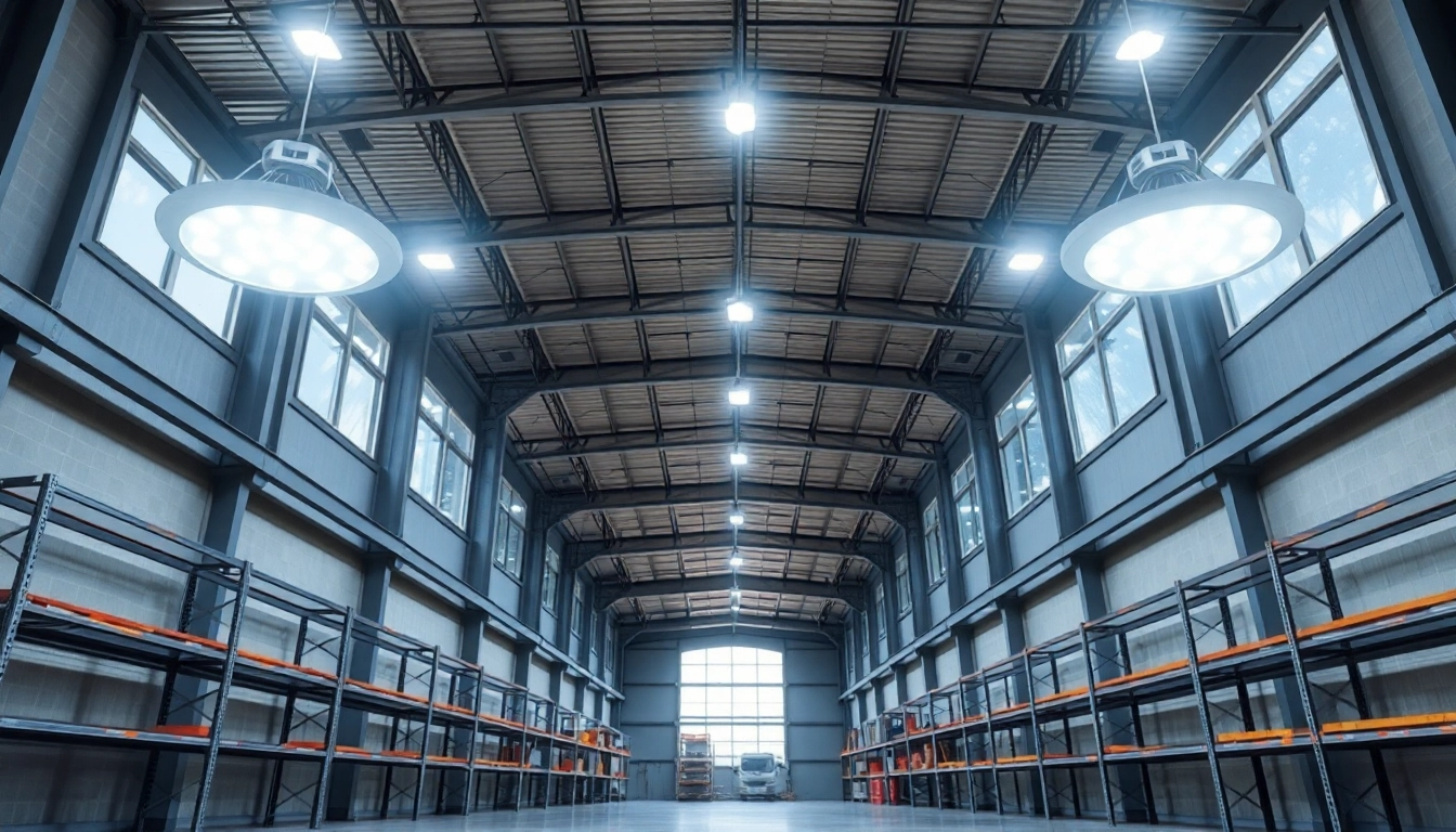 Moderne Industriehalle mit LED-Beleuchtung, gut ausgeleuchteter Raum mit hohen Decken und klaren Linien