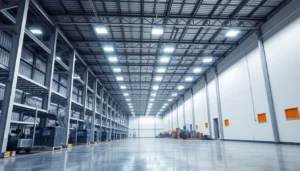 Moderne LED-Beleuchtung in einer Industriehalle, helle und effiziente Ausleuchtung