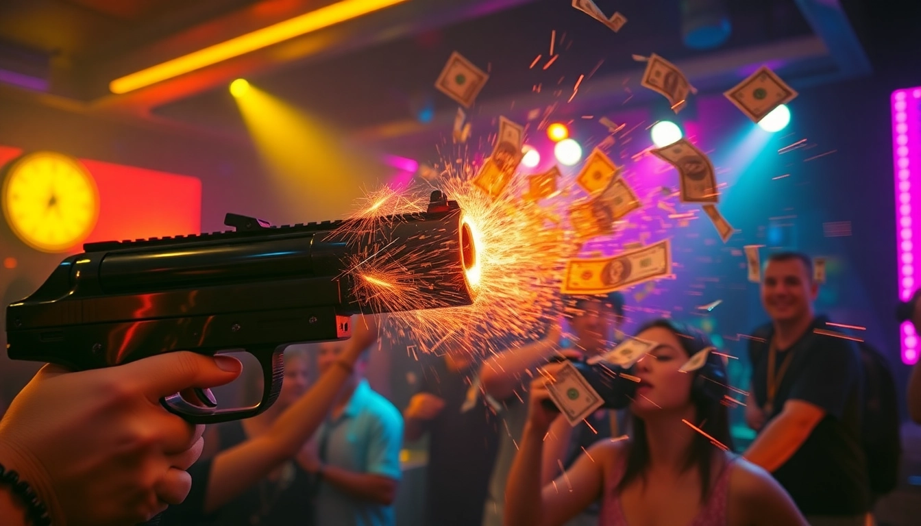 Action shot of a cashgun shooting out real dollar bills at a party, showcasing its fun use and vibrant energy for nightlife entertainment.