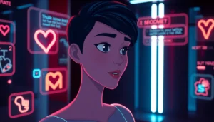 Futuristic AI chat environment with a virtual character and holographic visuals in a dark, immersive space.