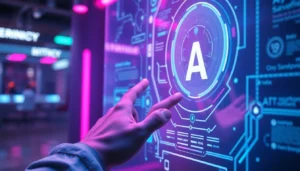 A futuristic holographic AI interface being interacted with in a high-tech environment.
