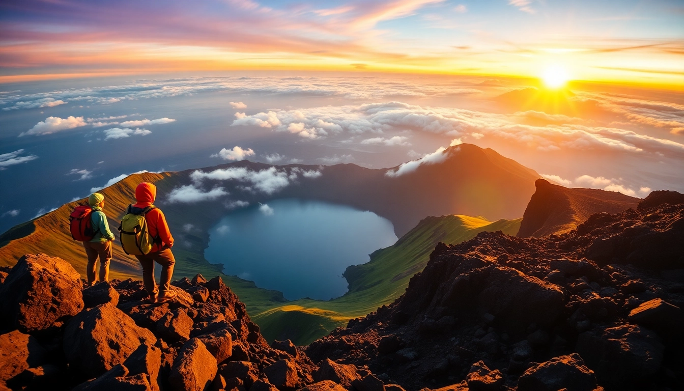 Hikers at sunrise on Mount Rinjani's summit overlooking the crater with lush green slopes below.