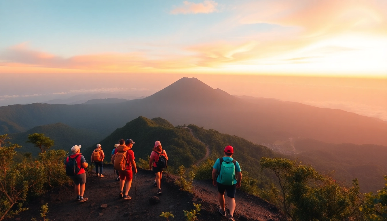 Hikers ascending Mount Rinjani at sunrise with lush greenery and volcanic terrain