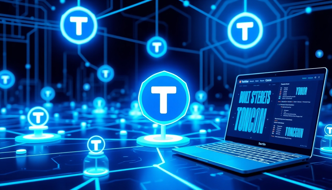 Visual illustrating staking ton on a secure blockchain network with validator nodes and digital assets, emphasizing safety and high-tech security.