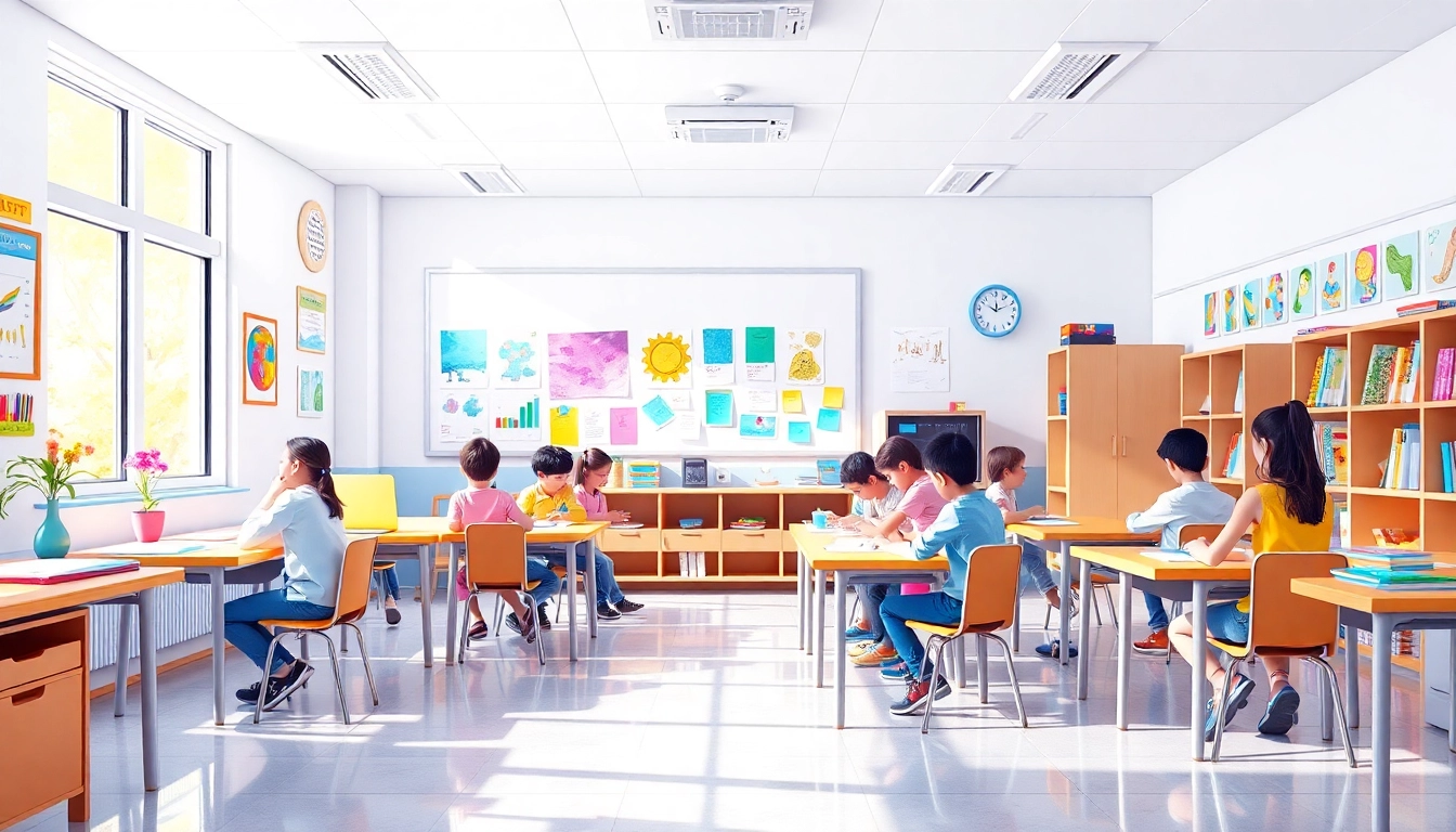 My Color School visual showcasing colorful art supplies and kids exploring colors interactively, inspiring creativity in education.