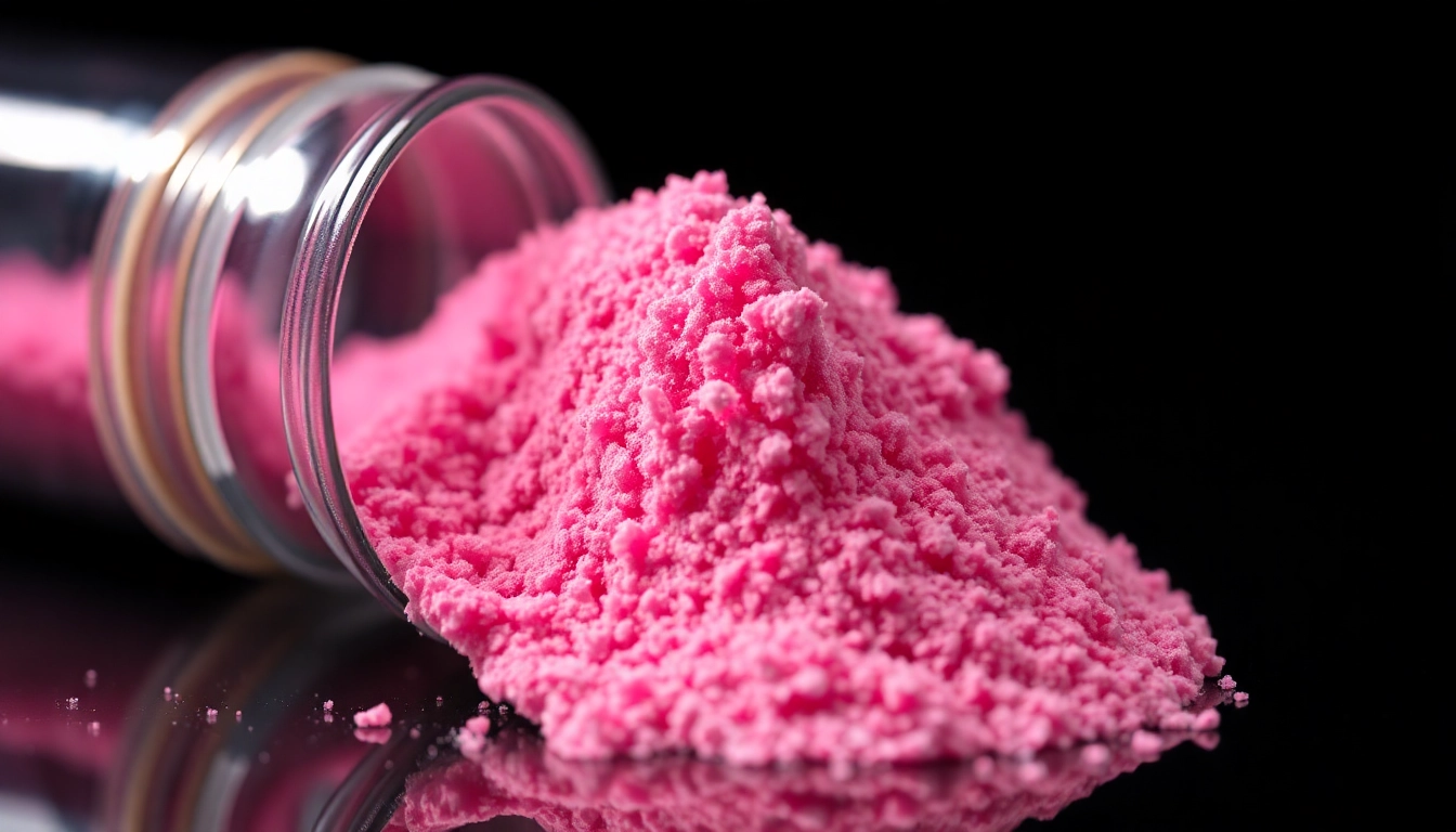 High-resolution image showcasing bright pink Butylone Powder in a vial, highlighting purity and granular texture for educational purposes.