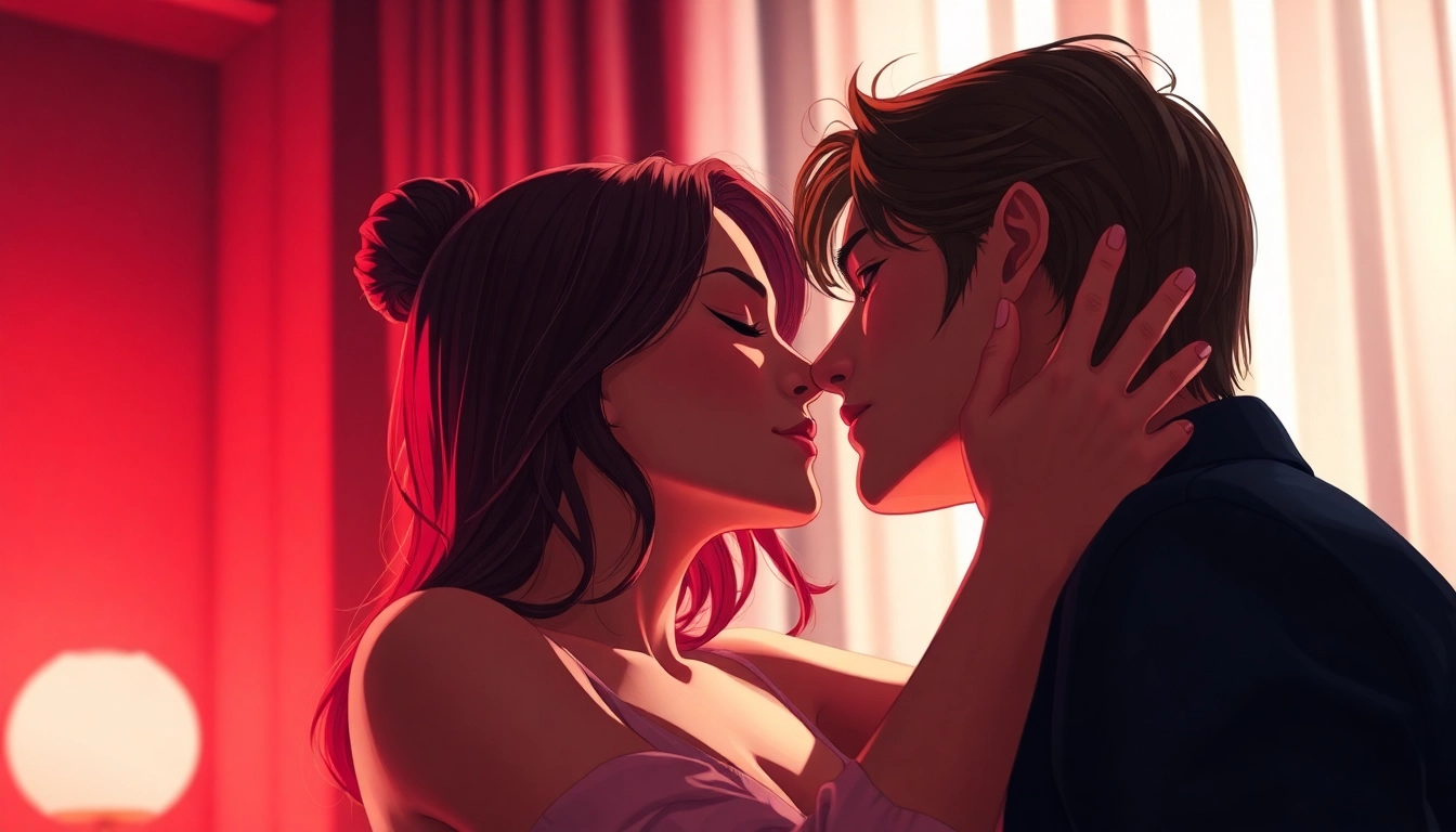 Close-up of two characters in an intimate scene with warm lighting and emotional connection