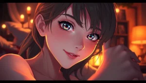 Close-up of a playful, expressive woman in a warm, intimate setting with soft lighting and detailed textures.