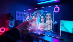 Close-up of a holographic AI interface with expressive NSFW characters in a cyberpunk-inspired room.