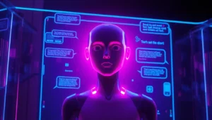 Futuristic digital environment with AI character interacting through holographic visuals and glowing data streams.
