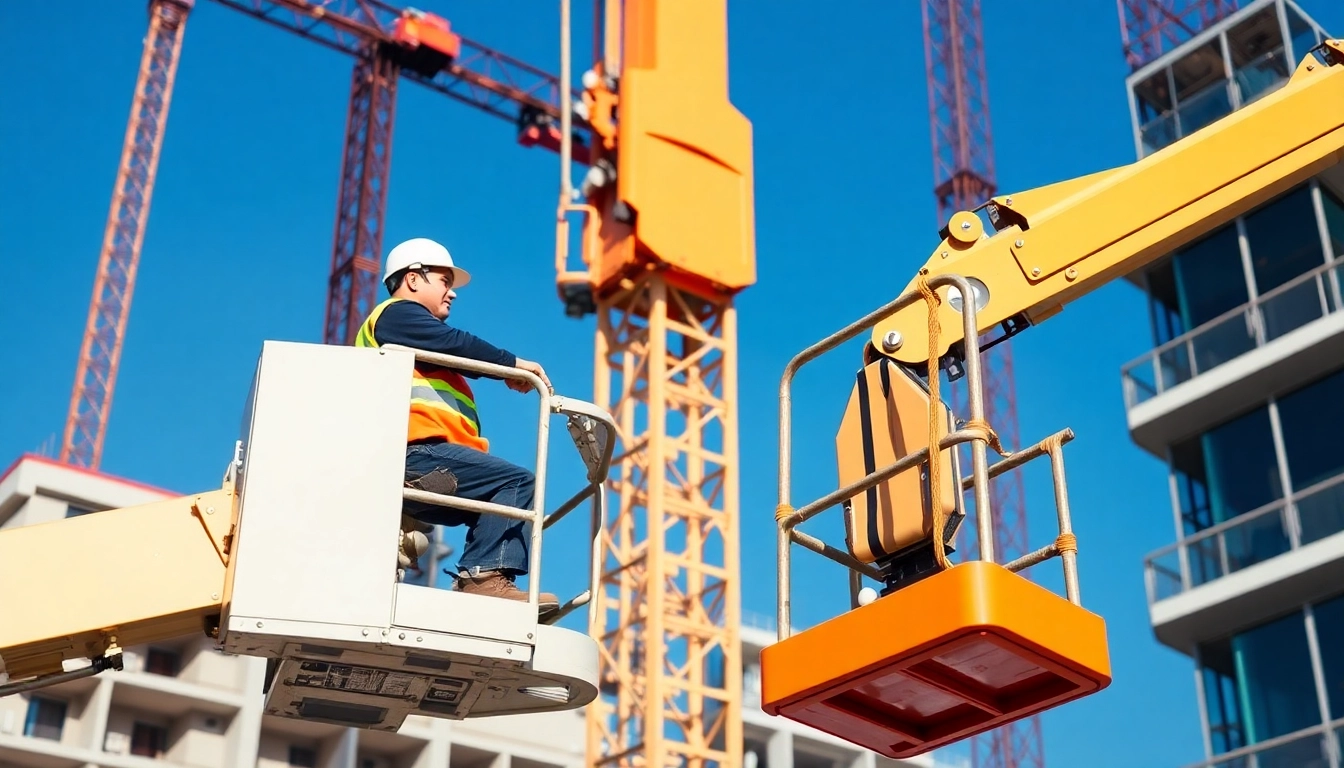 Reliable boom lift rental service with modern electric lifts in active use at a construction site for safe access.