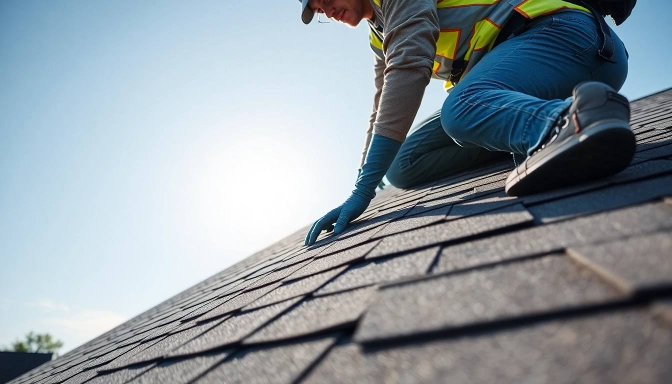 Experienced roofers repairing a tiled roof with precision and safety equipment, highlighting craftsmanship and attention to detail for local roofing services.