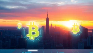 Bitcoin concepts visualized with glowing coins over a modern digital cityscape, illustrating
