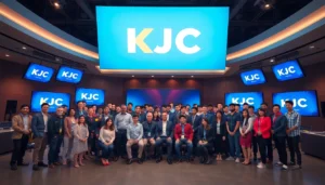 KJC's international media team collaborating confidently in a high-tech environment, showcasing global partnership and innovation with the KJC branding prominently displayed.