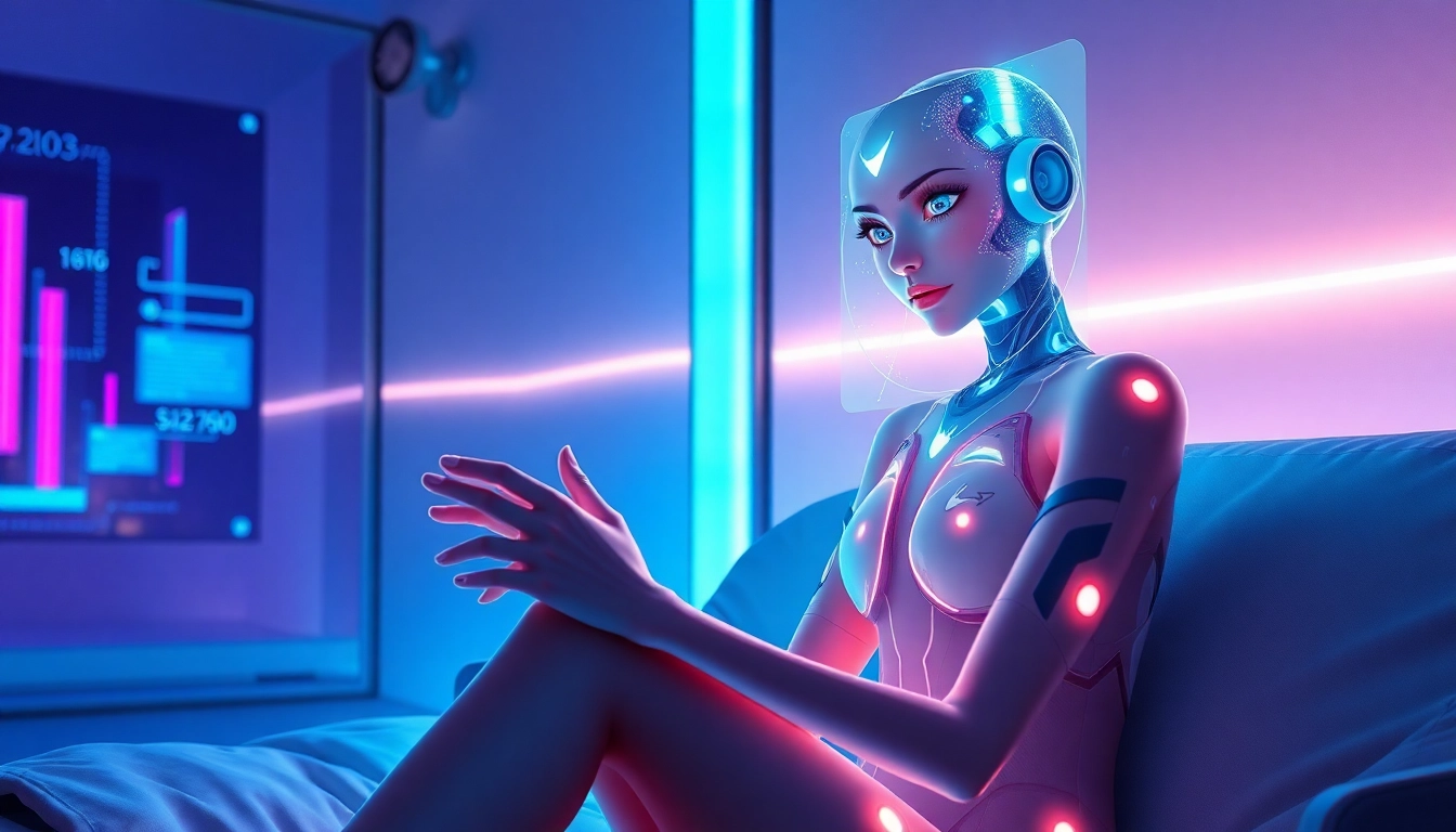 A realistic AI girl with glowing accents interacting with holographic visuals in a futuristic room with neon lighting.