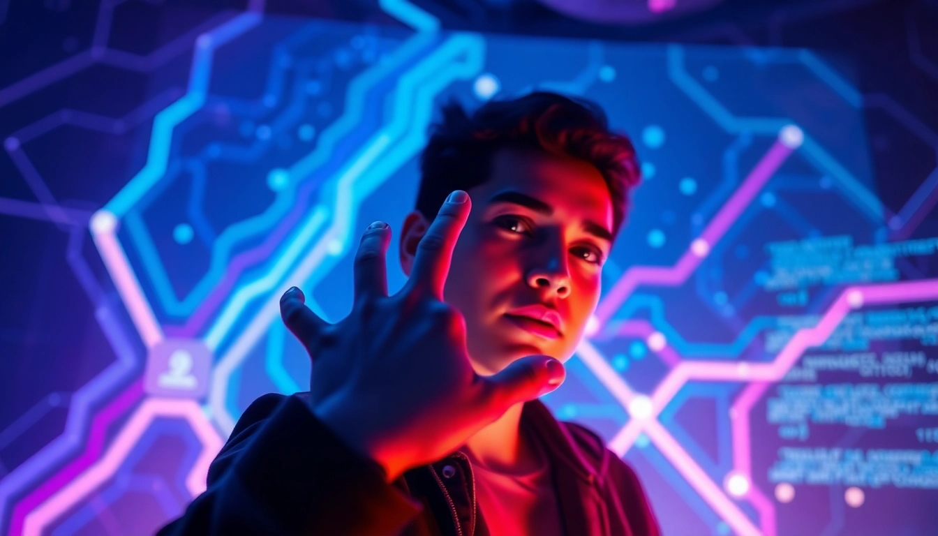 Futuristic scene with a person interacting with a holographic AI interface in a neon-lit room.