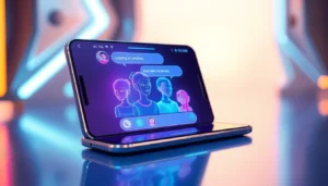 Futuristic chat interface featuring customizable AI characters on a modern device with vibrant neon accents.