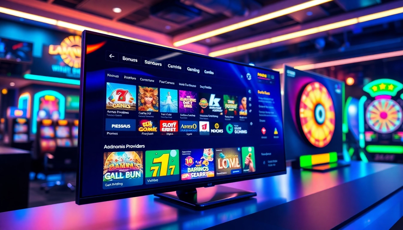 A modern online gaming interface with colorful graphics and promotional banners on a sleek digital screen.