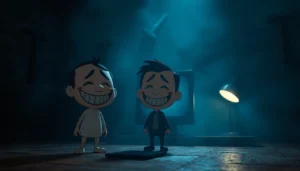 A distressed character facing a cheerful figure in a dark, unsettling room, with ominous tools and shadows creating a tense atmosphere.
