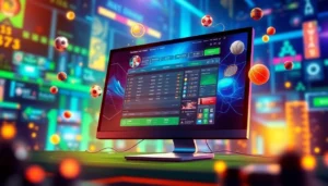 Digital illustration of an online sportsbook platform with sports icons and neon lights