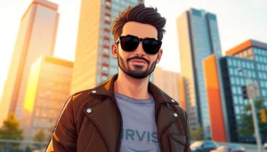 Stylish man standing confidently outdoors in an urban cityscape during golden hour