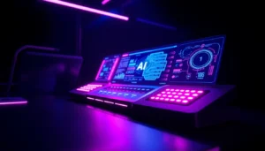 Futuristic AI interface with holographic displays in vibrant neon colors, set in a sleek high-tech environment.