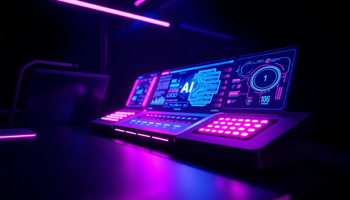 Futuristic AI interface with holographic displays in vibrant neon colors, set in a sleek high-tech environment.