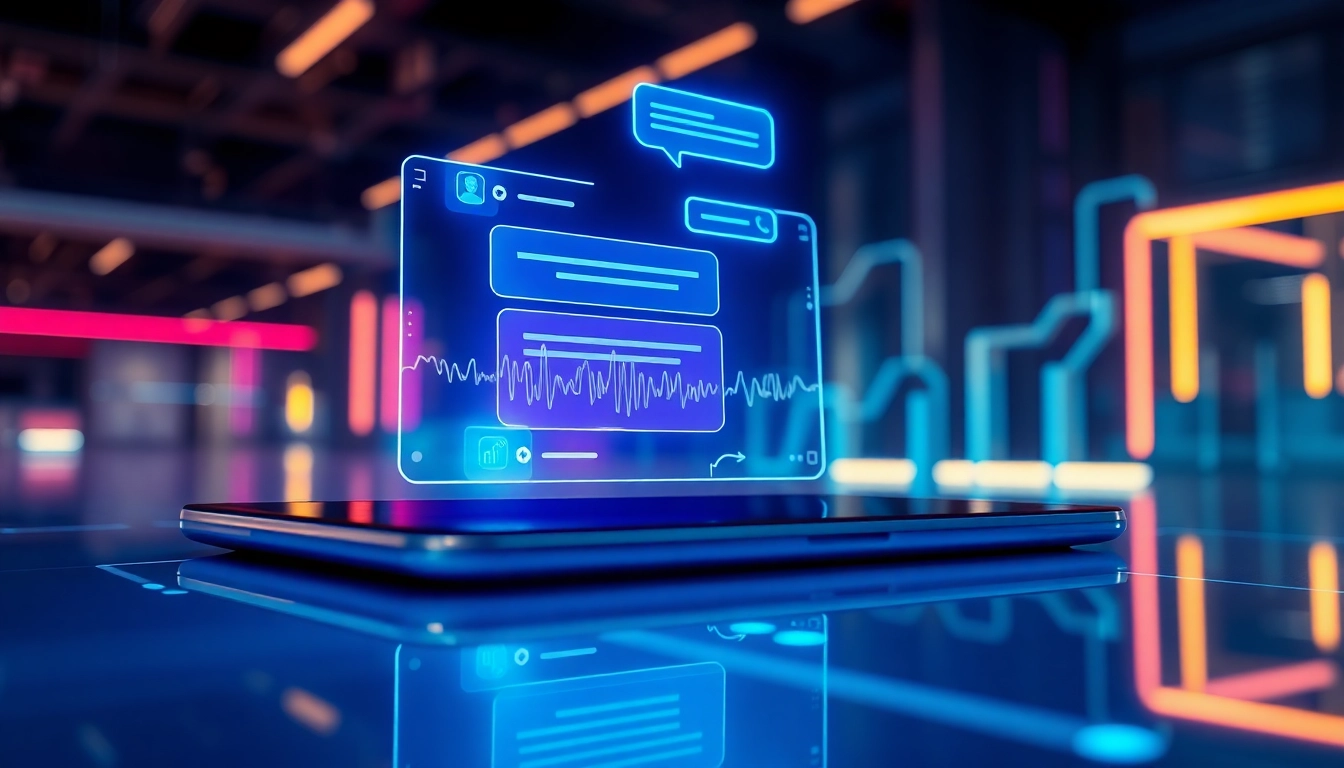 Close-up of a futuristic AI chatbot interface with holographic chat bubbles and neon accents.