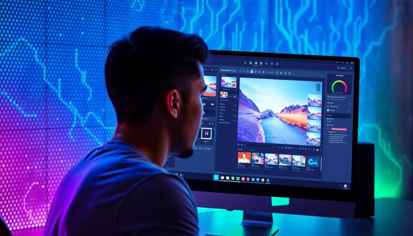 An advanced digital workspace with a user editing images on a high-tech screen, showcasing vibrant colors and futuristic design elements.