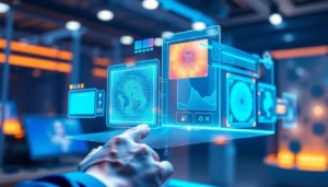 Futuristic AI interface with holographic image editing tools in a digital workspace