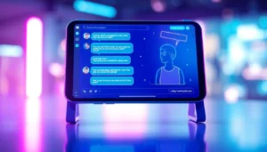 A futuristic digital chat interface with vibrant neon colors showing an AI conversation on a high-tech screen.
