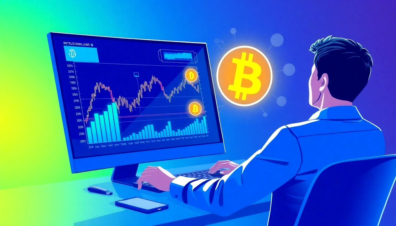 Strategic guide to bitcoin investment with a professional analyzing real-time bitcoin charts, highlighting potential growth opportunities in crypto markets.