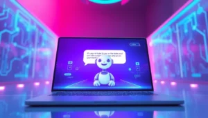 Futuristic AI chatbot interface with a friendly character on a high-tech screen