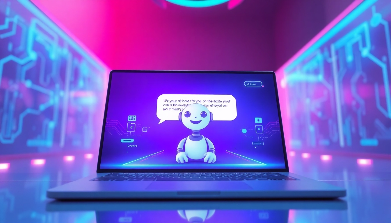 Futuristic AI chatbot interface with a friendly character on a high-tech screen
