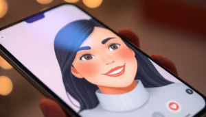 AI girlfriend engaging in a friendly chat on a smartphone, showcasing personalized interactions and expressive avatars to enhance user connection.