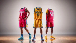 Vibrant basketball uniforms with custom logos and bold colors designed for team performance and style.