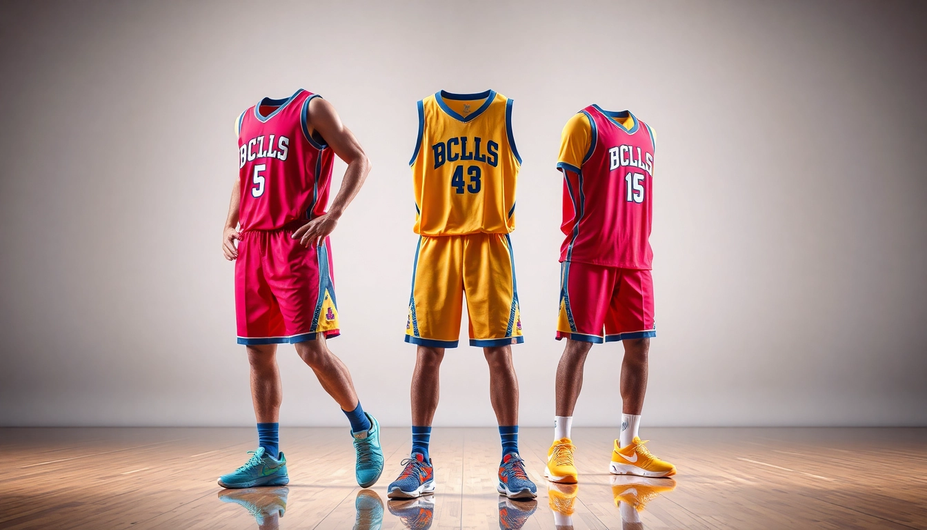 Vibrant basketball uniforms with custom logos and bold colors designed for team performance and style.