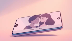 AI girlfriend engaging in a warm, personalized chat on a smartphone, showcasing emotional connection and modern design for accessibility and interest.